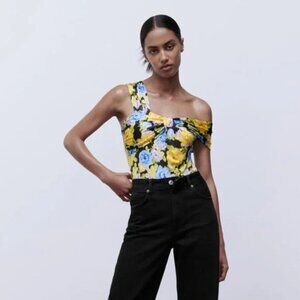 NWOT Zara multicolour floral print asymmetrical wide strap pleated bodysuit, S